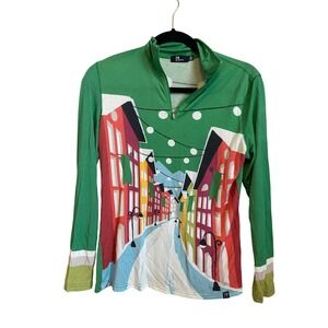 Neve Womens Green Alpine Village Graphic Quarter Zip Bamboo Base Layer Top M